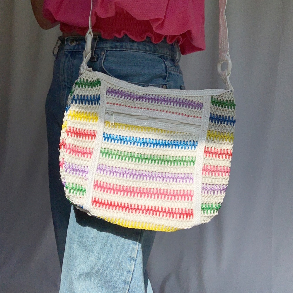 Vintage 80s Recycled Materials Rainbow Straw Bag